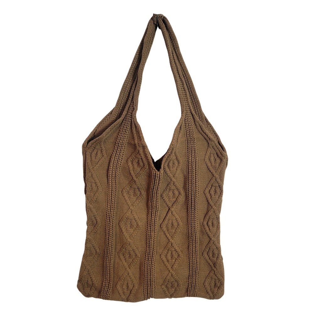 Handmade Brown Cable Knit Diamond Pattern Shoulder Bag Hobo‎ Tote Earthy Boho